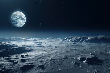 Planet Earth on background. The lunar surface as seen from a moon rover. Moon surface and Earth on the horizon. Space art fantasy. Surface of Moon. High quality space moon surface stars at background.