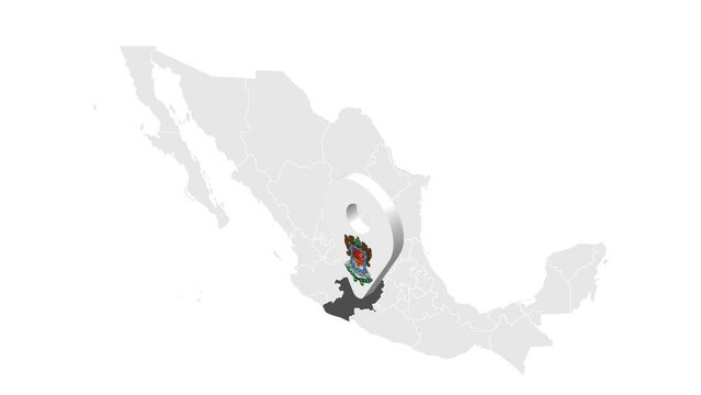 Location Michoacan on map Mexico. 3d State of Michoacan flag map marker location pin. Map of  Mexico showing different parts. Animated map States of Mexico. 4K.  Video