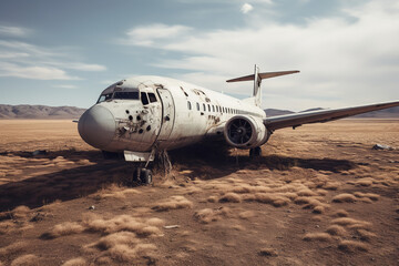 Fototapeta na wymiar An abandoned airplane sitting in a desolate field, creating an eerie atmosphere of forgotten history and decay, a relic of past aviation glory. 