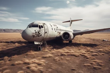 Foto op Canvas  An abandoned airplane sitting in a desolate field, creating an eerie atmosphere of forgotten history and decay, a relic of past aviation glory.  © Davivd