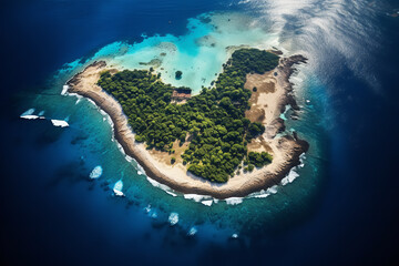  The aerial view from an airplane of a remote island, revealing an undiscovered paradise and...