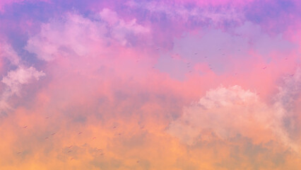 Colorful Sky with Flying Birds Background Wallpaper - Anime Style Watercolor Painting