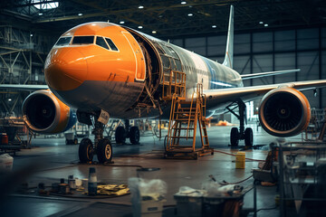  An airplane in a specialized maintenance facility, where technical precision, safety checks, and...