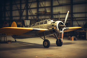  A vintage airplane undergoing meticulous restoration in a hangar, reflecting a dedication to preserving aviation history and heritage.
