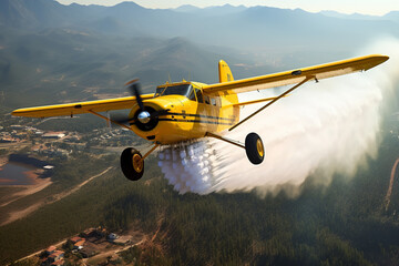  An aerial firefighting plane skillfully executing a water drop over a wildfire, showcasing bravery in the skies and dedication to environmental protection. 