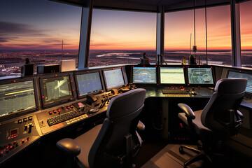 The interior of a busy air traffic control tower, equipped with radar screens and communication equipment, focused on navigational coordination and safety management.