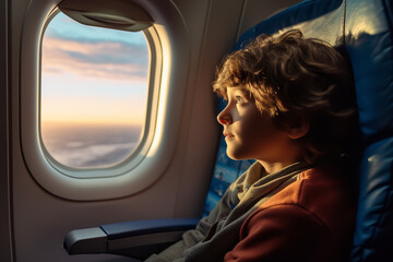 A first-time flyer looks out of an airplane window, captivated by the wonder of flight and...