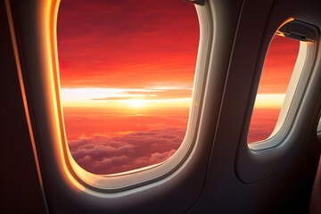  An airplane flying at sunset, offering passengers a stunning aerial view of tranquil skies,...