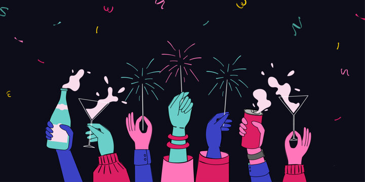 A Web Banner That Shows the Hands of a Diversity Group Cheering and Celebrating New Year by Playing Sparklers and Drinking Champagne on Confetti Background. 