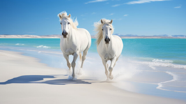 Incredible photography of white horses running on beach with sand