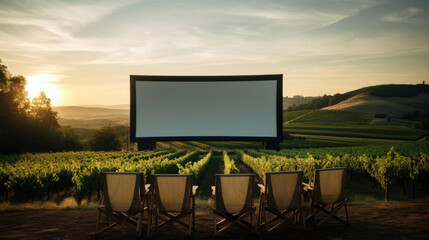 Cinema on picturesque vineyard with grapevines
