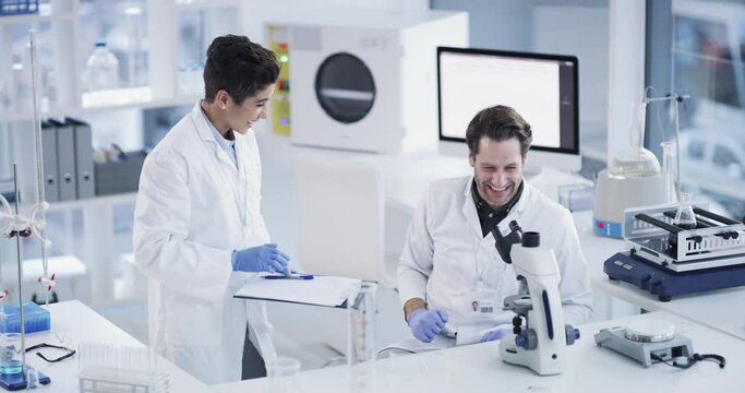 Science, high five and scientists working in laboratory for research analysis and online results. Collaboration, celebration gesture and team with breakthrough and medical innovation for success.
