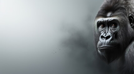 Front view of gorilla on gray background. Wild animals banner with copy space