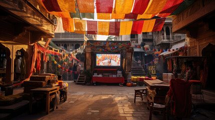 Bazaar cinema with colorful stalls