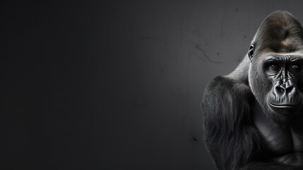 Front view of gorilla on gray background. Wild animals banner with copy space