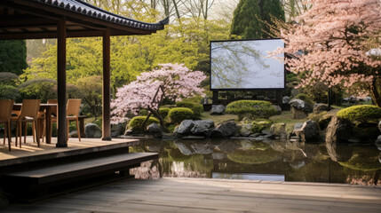 Outdoor cinema in tranquil Japanese garden koi pond cherry blossom trees