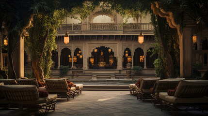 Cinema in a historic palace courtyard with stone archways gardens and lanterns. Grandeur and...