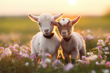 Adorable young goat and lamb on a green meadow, their curious look under the sunny sky.