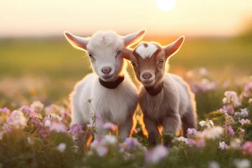 Fotobehang Adorable young goat and lamb on a green meadow, their curious look under the sunny sky. © Iryna