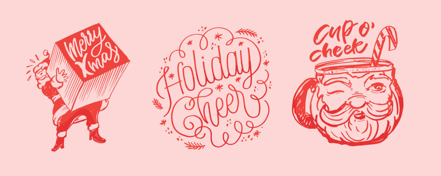 Merry Christmas and happy new year - cute postcard.  Lettering label for poster, banner, web, sale, t-shirt design. 2024. New year holiday greeting card.