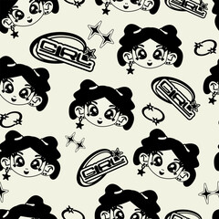 Y2K pattern with characters girl, heart. Retro futuristic elements for design. Trendy elements in vaporwave acid style. Retro girl and futuristic items