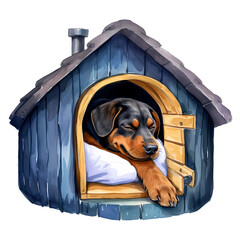 Cute Puppy Rottweiler In Dog House Watercolor Clipart Illustration