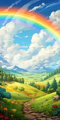 watercolor illustration of the rainbow in the green field with flower