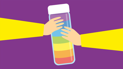 Illustration of a hand holding a bottle of water on a purple background