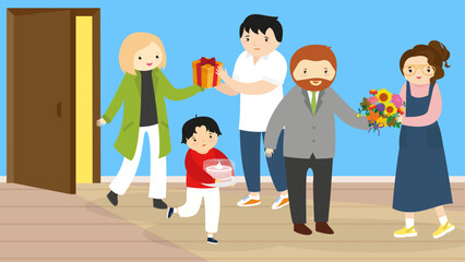 Fototapeta premium Family with a gift in their hands. Vector illustration in flat style