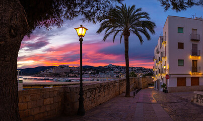 Sunset in the old town of Peniscola in Spain