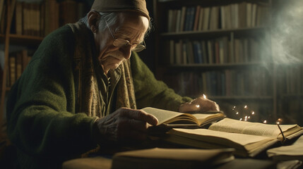 Old male reading a book in a calm and quiet atmosphere 