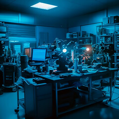 3D rendering of a medical laboratory with a microscope and test tubes