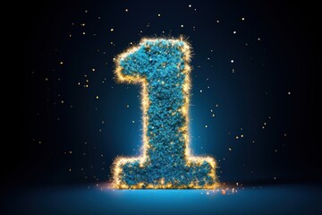Golden and blue number one on dark background. Symbol 1. Invitation for a first birthday party, business anniversary, or any event celebrating a first milestone.