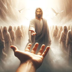 Jesus Christ giving a hand, concept of God's help to sinful humans - obrazy, fototapety, plakaty