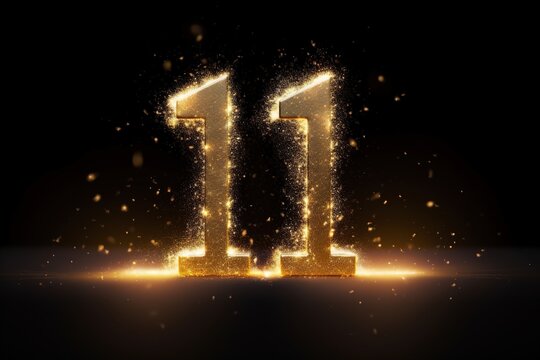 Golden sparkling number eleven on black background. Symbol 11. Invitation for a eleventh birthday party or business anniversary.