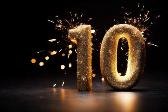 Golden sparkling number ten on black background. Symbol 10. Invitation for a tenth birthday party or business anniversary.