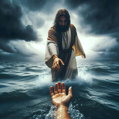 Jesus Christ giving a hand, concept of God's help to sinful humans