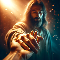 Jesus Christ giving a hand, concept of God's help to sinful humans - obrazy, fototapety, plakaty