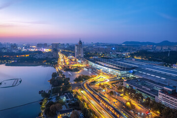 Aerial photography of the night view of the city by Xuanwu Lake in Nanjing