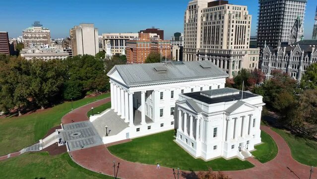 Virginia state capitol building. Aerial view of historic white building in downtown Richmond, Va.