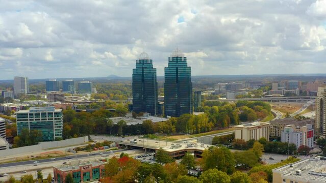 Aerial drone shot flying past the King and Queen towers in Atlanta Georgia.