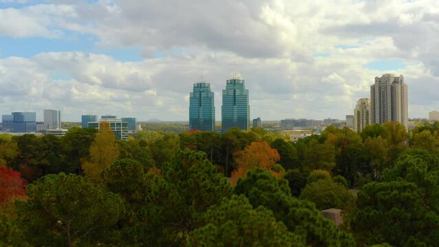 Aerial shot slowly flying towards the King and Queen building in Atlanta Georgia