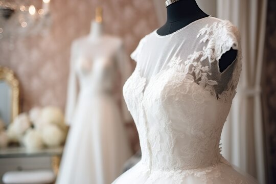 A luxurious white wedding dress showcased on a mannequin in an elegant boutique setting.