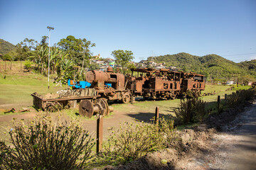 Abandoned trainings at Santo Andre in Village Paranapiacaba Station of the old funicular system. The railway lines are still in operation, making the journey to the port of Santos. - obrazy, fototapety, plakaty