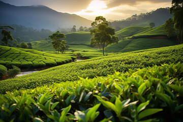  A serene organic tea plantation, surrounded by lush greenery, practicing sustainable farming and offering a natural setting for eco-tourism.
