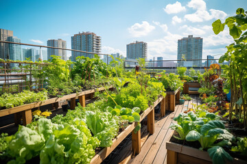  An urban rooftop garden where organic vegetables are grown, representing city farming, sustainable living, and access to local green space.
 - Powered by Adobe