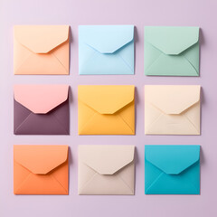 Colored paper envelopes on a light background. New mail, write message. Send and receive letter. Postal delivery service. Blank envelope, empty space.