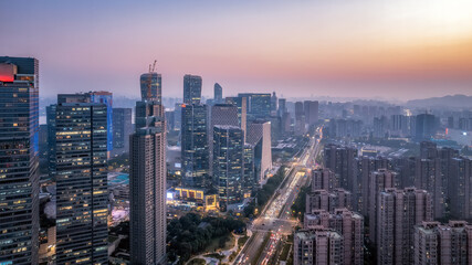 Fototapeta na wymiar Aerial photo of the night view of Hangzhou Qiantang River Financial Center..
