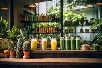 Fototapeta na wymiar An organic juice bar located in a bustling city center, serving fresh and healthy beverages in an eco-conscious and urban wellness oasis. 