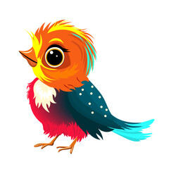 Bright colorful little bird. Cartoon little bird, painted with bright colors, with multi-colored plumage, on a white background.